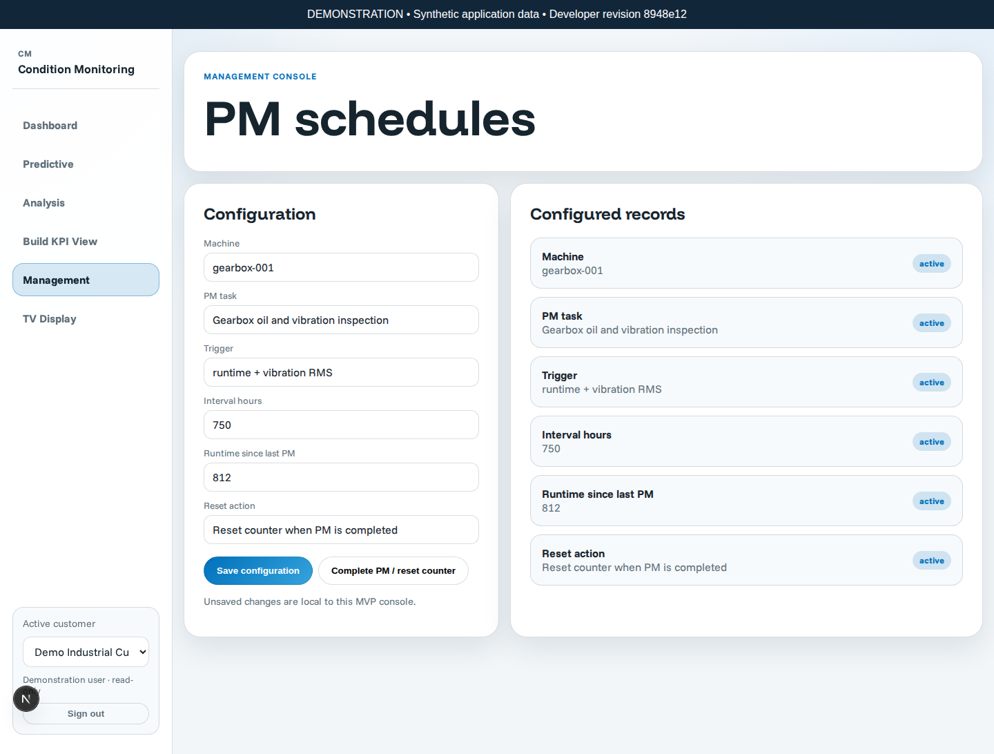 PM schedules and runtime intervals in the real Condition Monitoring application using synthetic demonstration data