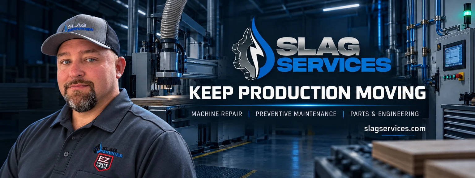 Steven Smith alongside the SLAG Services logo — Keep production moving. Machine repair, preventive maintenance, parts and engineering.